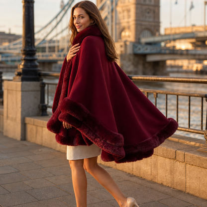 Dames Cape Coat met Bontrand en Capuchon - Gebreide Omslagjas