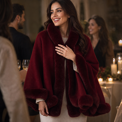 Dames Cape Coat met Bontrand en Capuchon - Gebreide Omslagjas