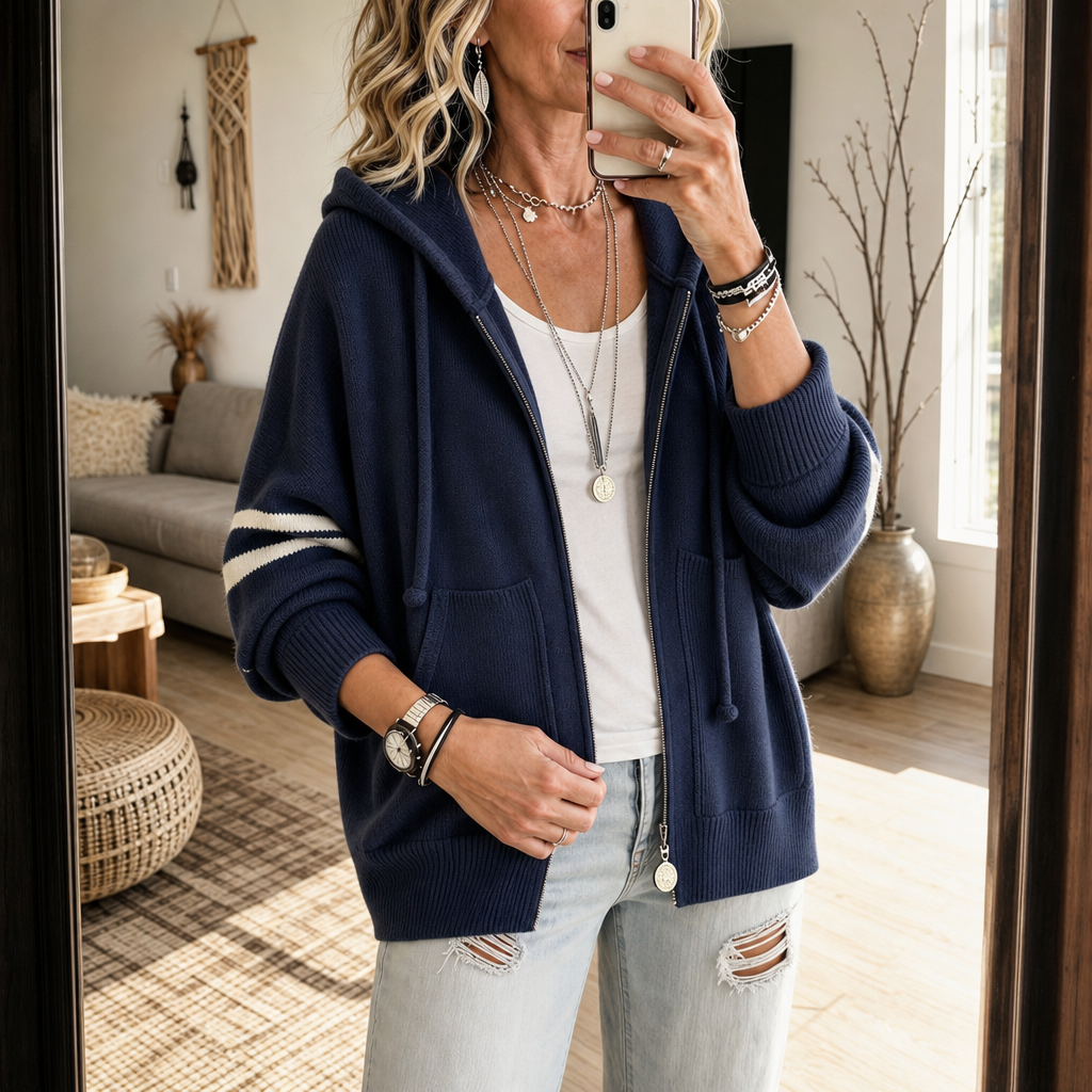 Dames Rits Hoodie Gebreide Trui met Drop-Shoulder en Gestreepte Mouw