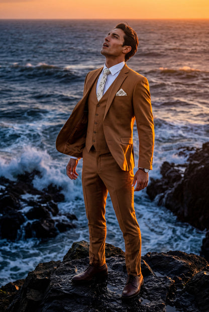Brown Slim Fit Three Piece Wedding Suit with Vest - Wedding suits - Photo 8