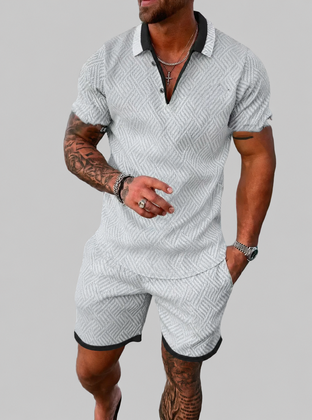 Heren Slim Fit Set – Casual voor Zomergebruik, Met Korte Mouwen en Rits