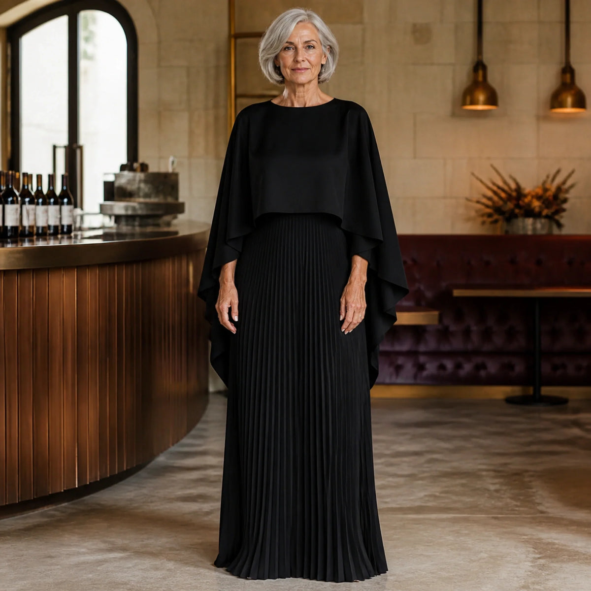 long wedding guest dress — Black pleated cape maxi wedding guest dress complete front view — view 3