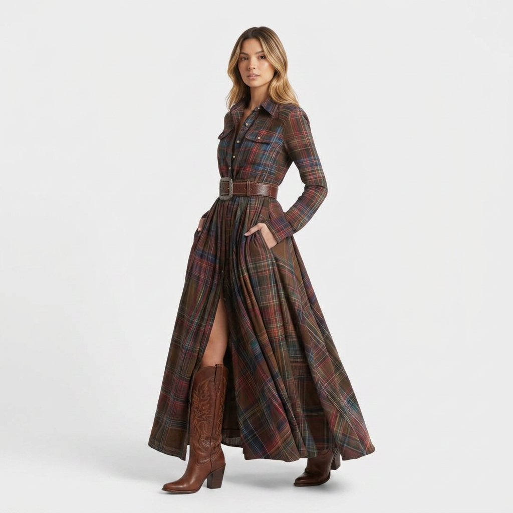 Dames Blousejurk Geruit met Lange Mouwen