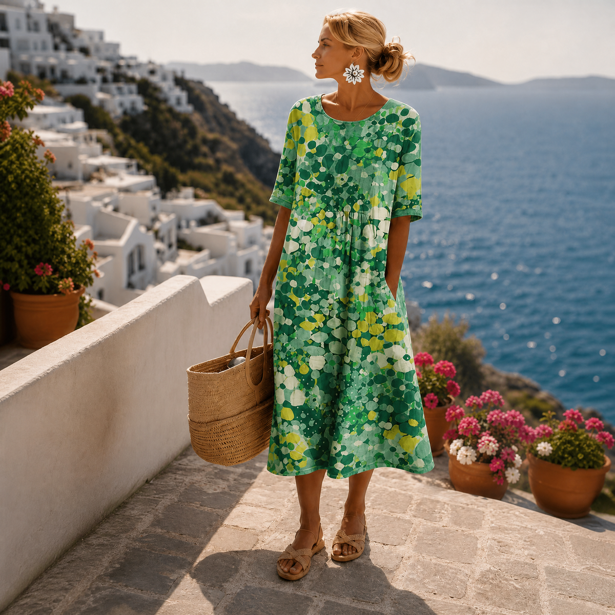 Dames Midi Jurk met Bloemenprint - Korte Mouwen
