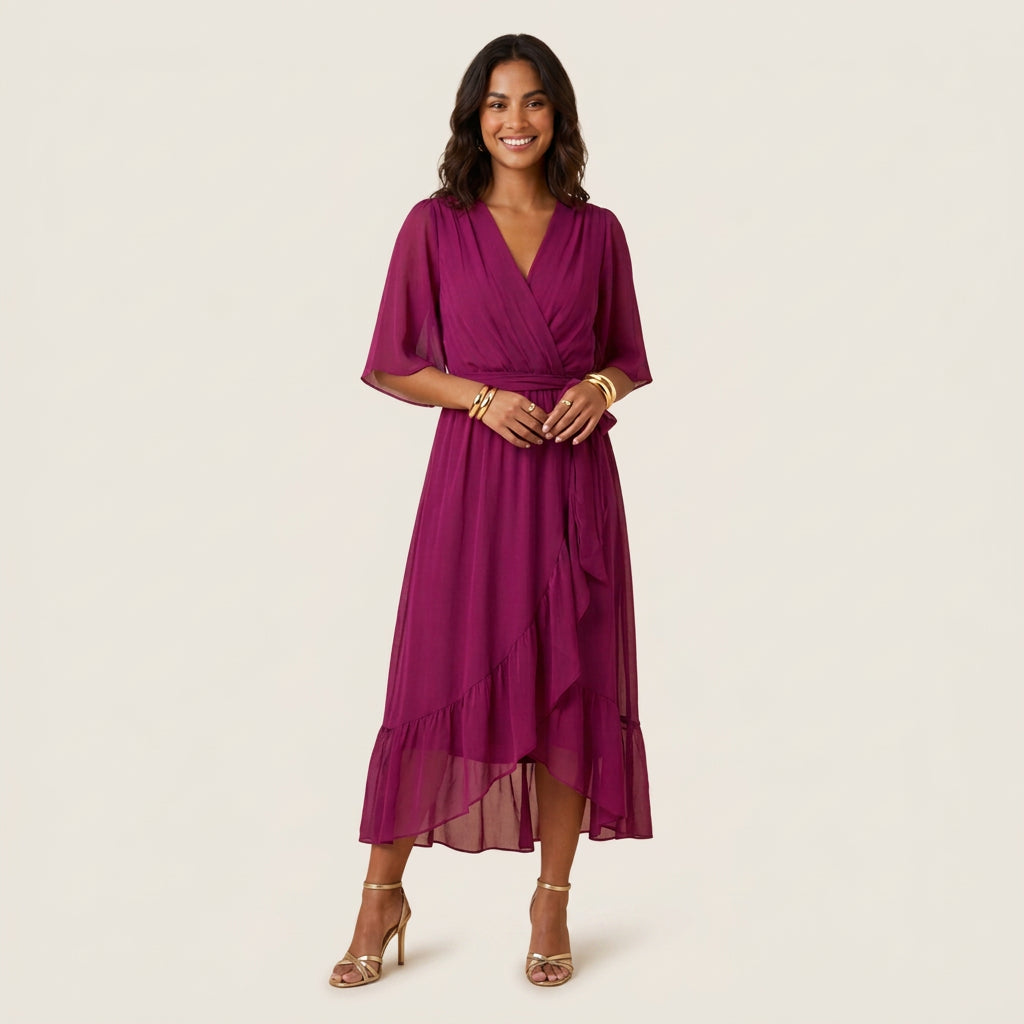 Dames Midi Jurk Overslag Gaas-Effect met Volant