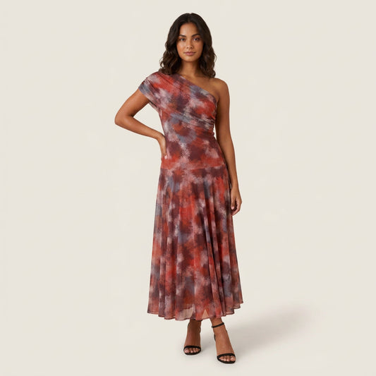 Dames Midi Jurk Gaasstof One-Shoulder – Asymmetrisch Drapé