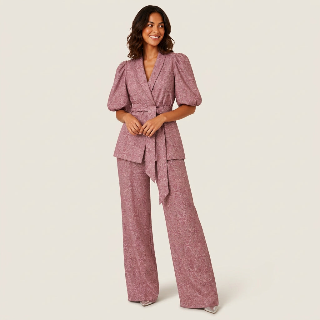 Dames Kimono Blazer Set met Wijde Broek – Geometrisch Print