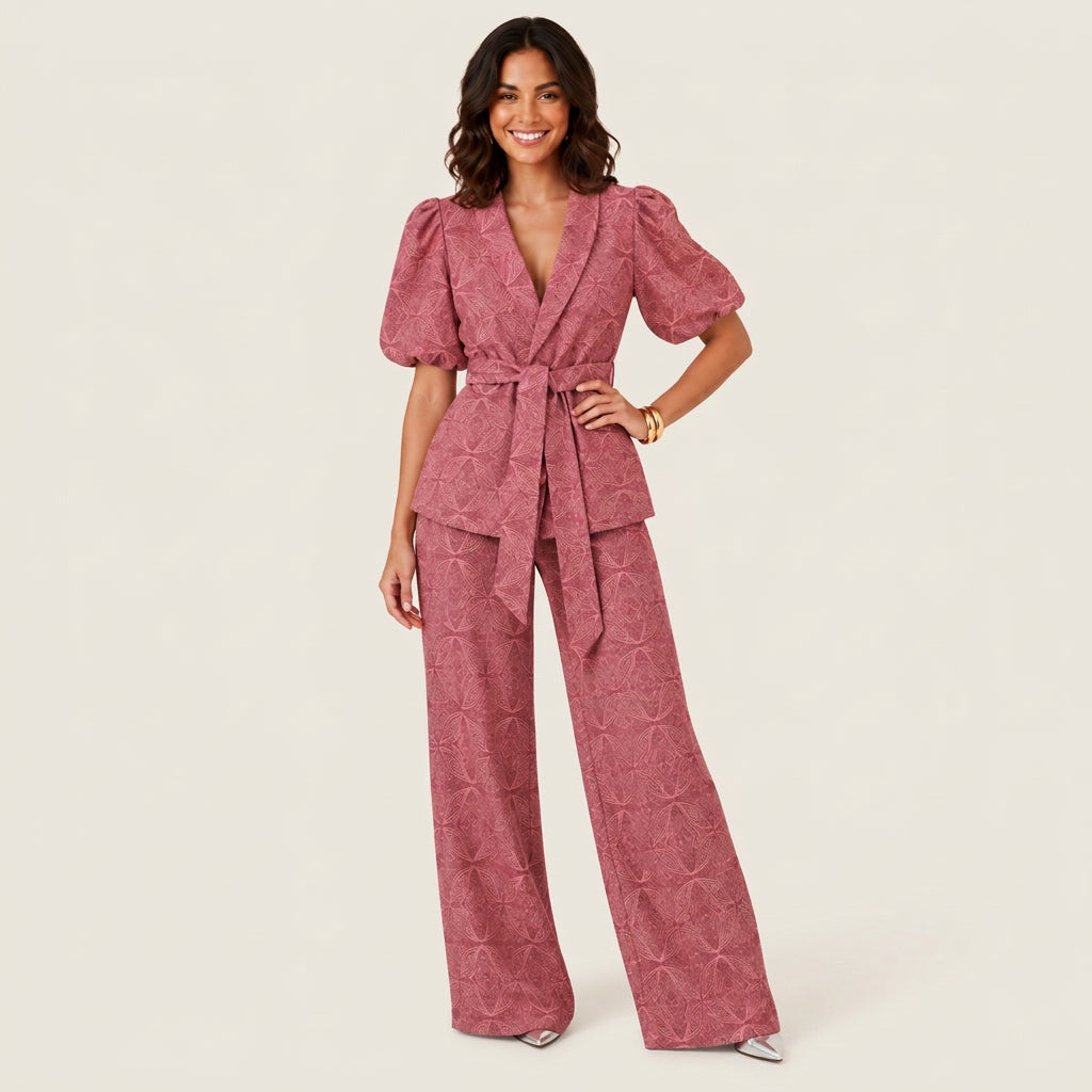 Dames Kimono Blazer Set met Wijde Broek – Geometrisch Print