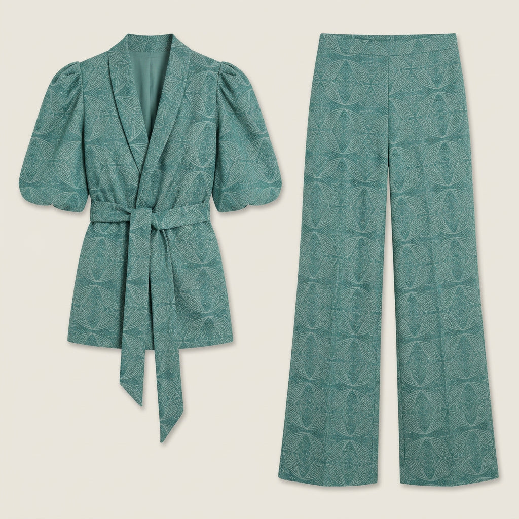 Dames Kimono Blazer Set met Wijde Broek – Geometrisch Print