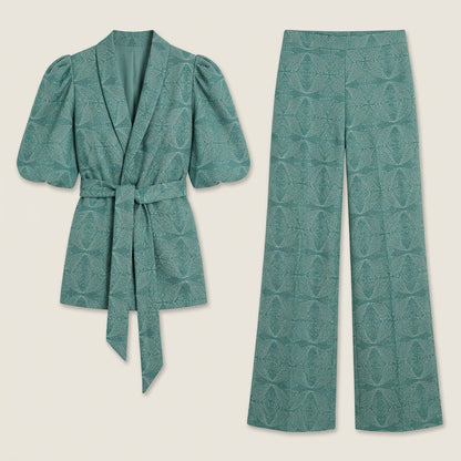 Dames Kimono Blazer Set met Wijde Broek – Geometrisch Print