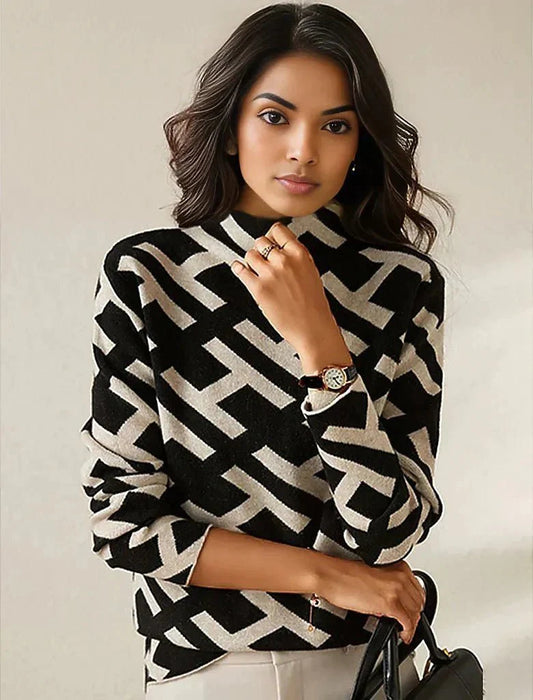 Dames Basic Gebreide Trui – Zwart‑Wit, Casual Pullover voor Elke Dag