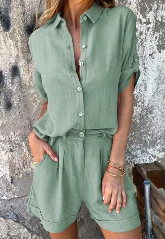 Lumith - Stijlvolle Casual Linnen Set met Korte Broek en Overhemd
