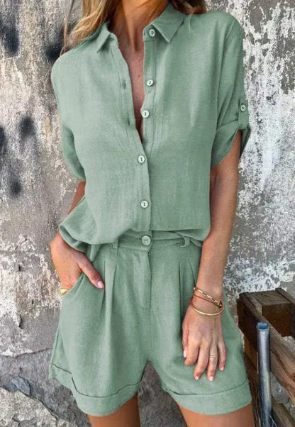 Lumith - Stijlvolle Casual Linnen Set met Korte Broek en Overhemd