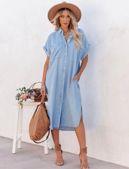 Amélie - Denim Overhemdjurk met Korte Mouwen
