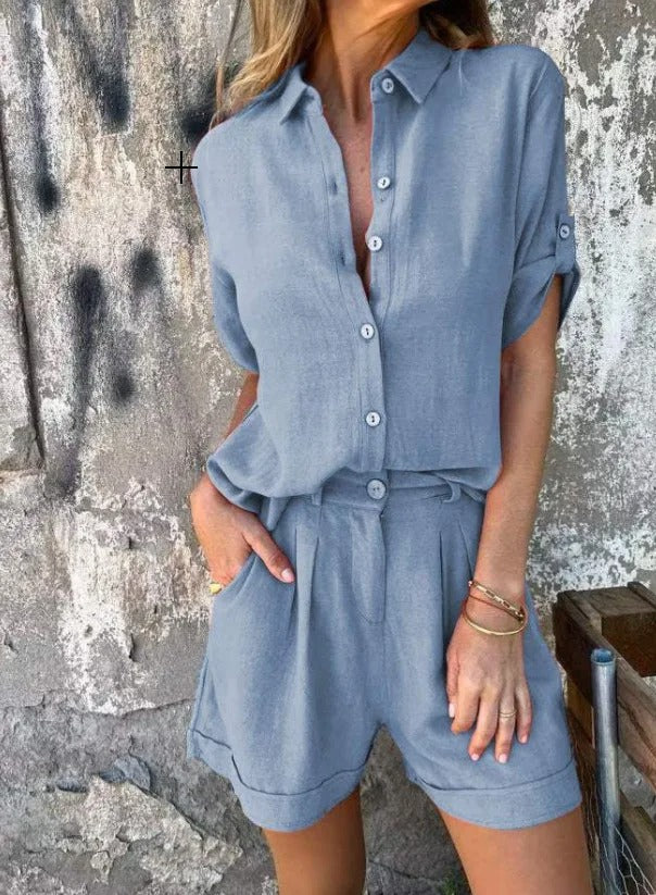 Lumith - Stijlvolle Casual Linnen Set met Korte Broek en Overhemd