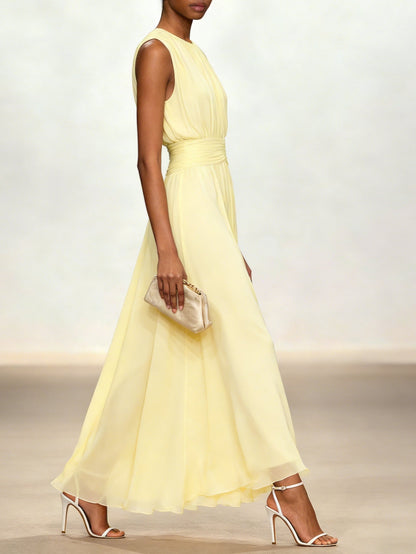 Sleeveless ruched A-line maxi dress in sage green, full length view
