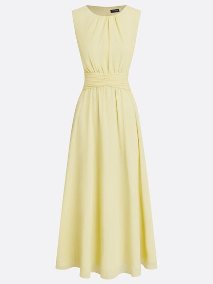 Sleeveless ruched A-line maxi dress in fuchsia, front view
