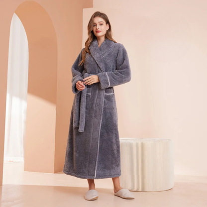 Heren en Dames Badjas van Flanel Fleece - Warme Winterochtendjas met Ceintuur en Sjaalkraag