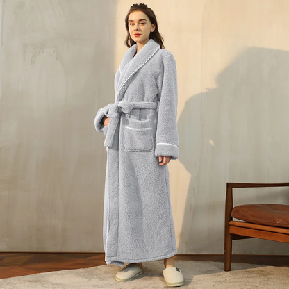 Heren en Dames Badjas van Flanel Fleece - Warme Winterochtendjas met Ceintuur en Sjaalkraag