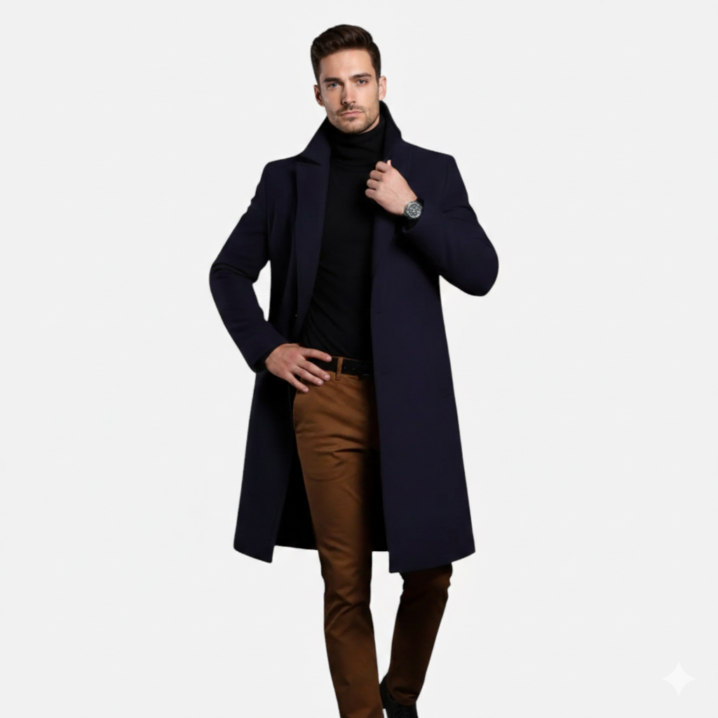 Heren Jas Enkelrijs Kniehoogte – Slim Fit Overjas met Reverskraag