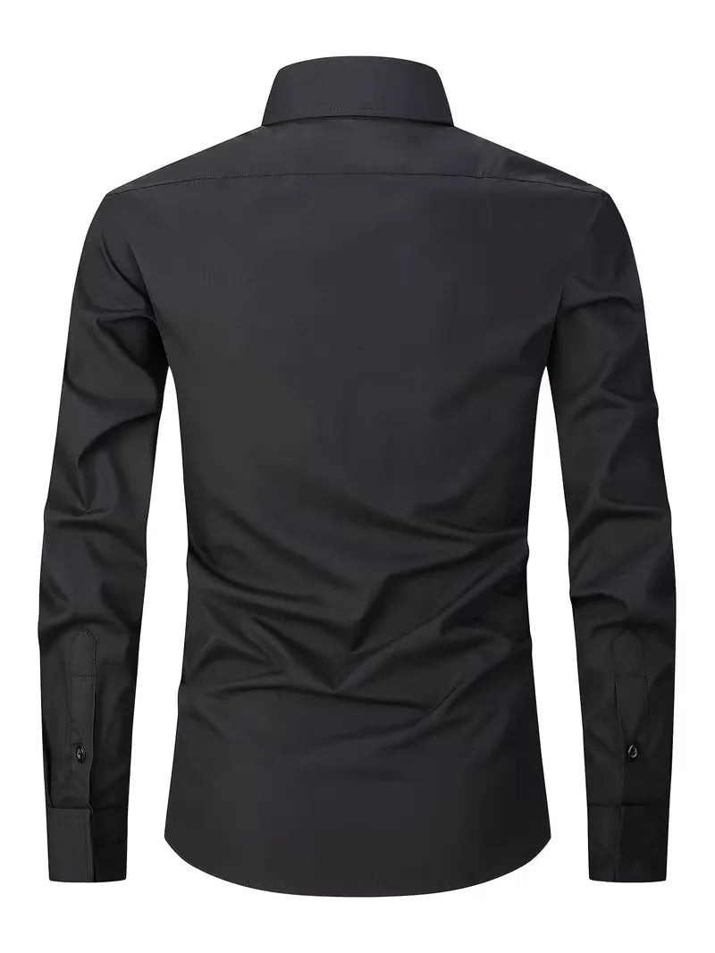 Heren Overhemd Lange Mouw met Mao Kraag - Zakelijk Shirt met Borstzak
