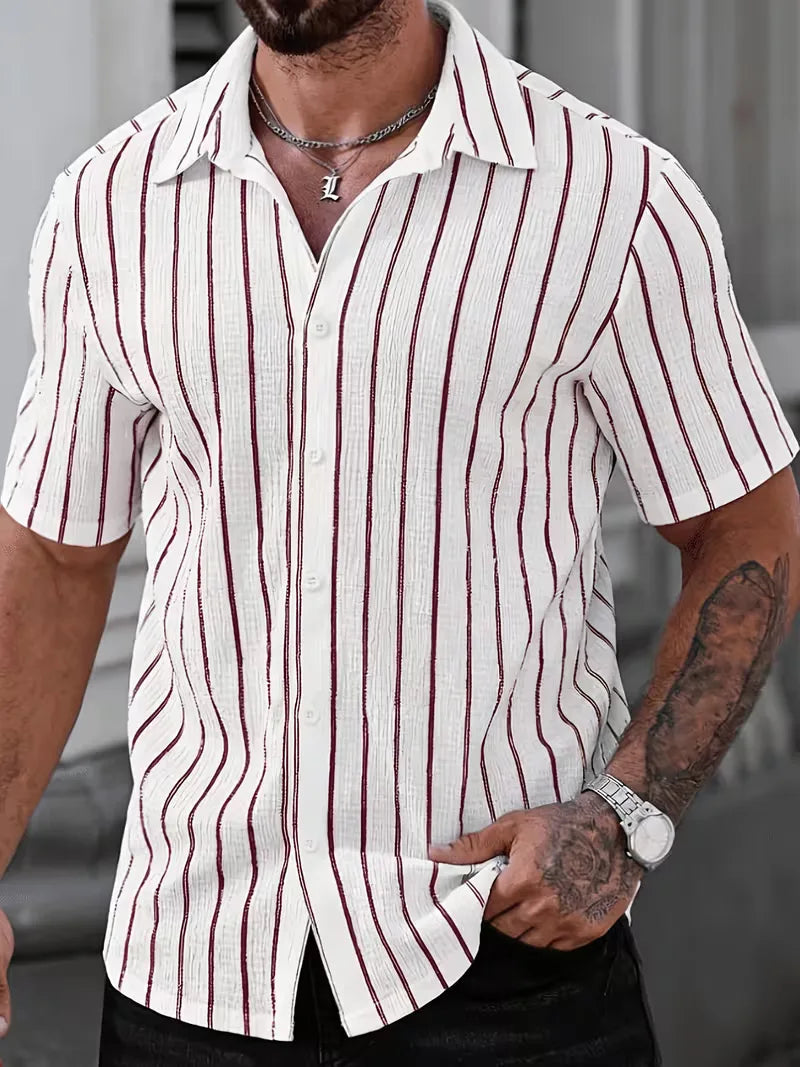 Men's Two-Tone Striped Short Sleeve Shirt in Red/White