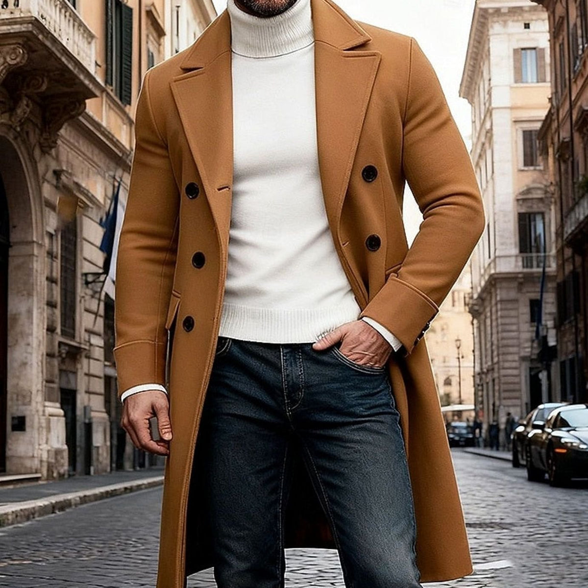 Heren Lange Wollen Overjas Double-Breasted Tailored Fit