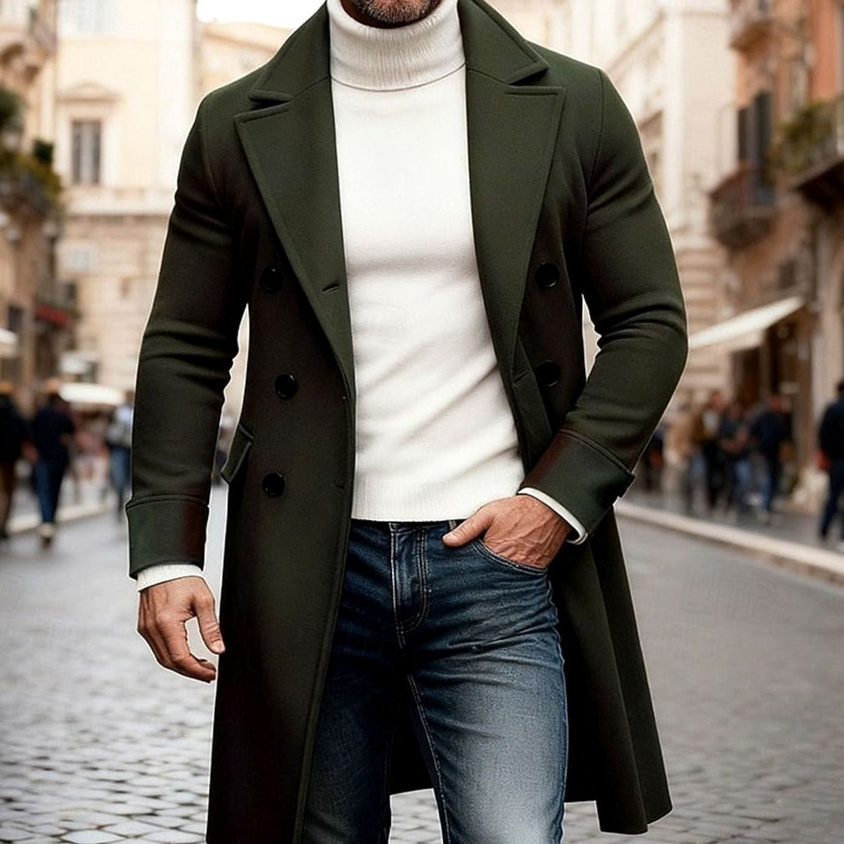 Heren Lange Wollen Overjas Double-Breasted Tailored Fit