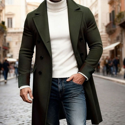 Heren Lange Wollen Overjas Double-Breasted Tailored Fit