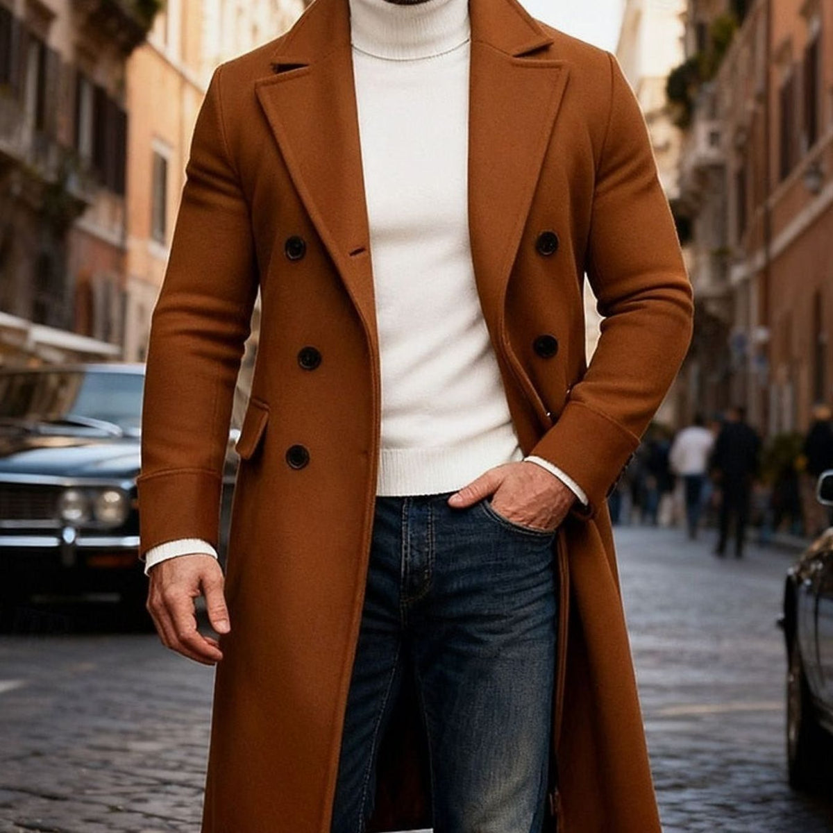 Heren Lange Wollen Overjas Double-Breasted Tailored Fit