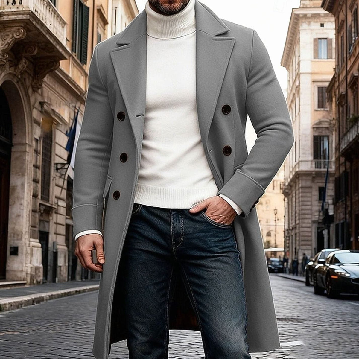 Heren Lange Wollen Overjas Double-Breasted Tailored Fit