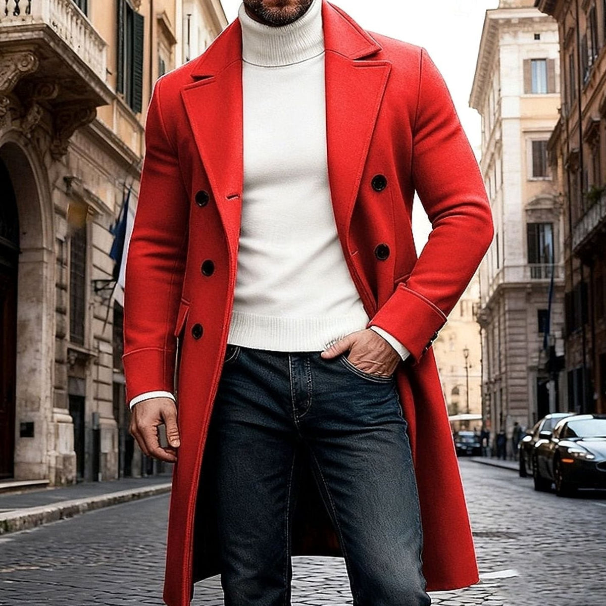 Heren Lange Wollen Overjas Double-Breasted Tailored Fit