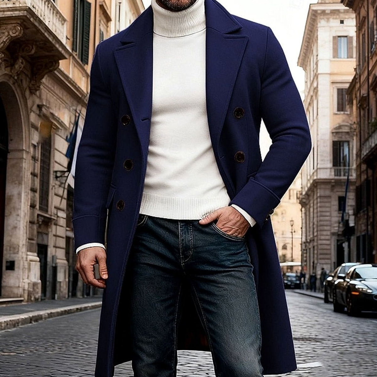 Heren Lange Wollen Overjas Double-Breasted Tailored Fit