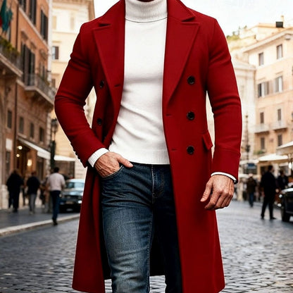Heren Lange Wollen Overjas Double-Breasted Tailored Fit