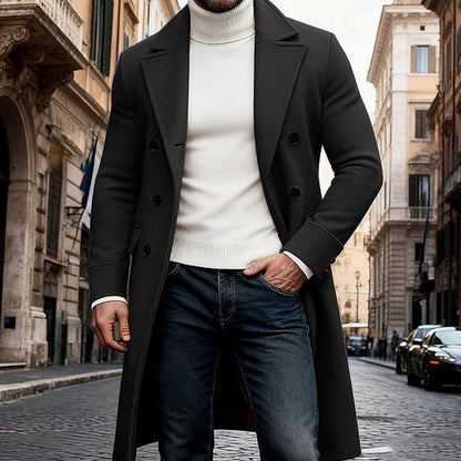 Heren Lange Wollen Overjas Double-Breasted Tailored Fit