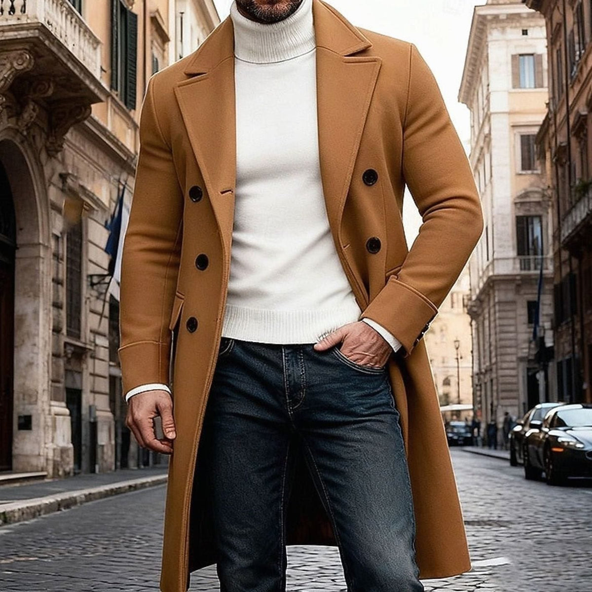 Heren Lange Wollen Overjas Double-Breasted Tailored Fit