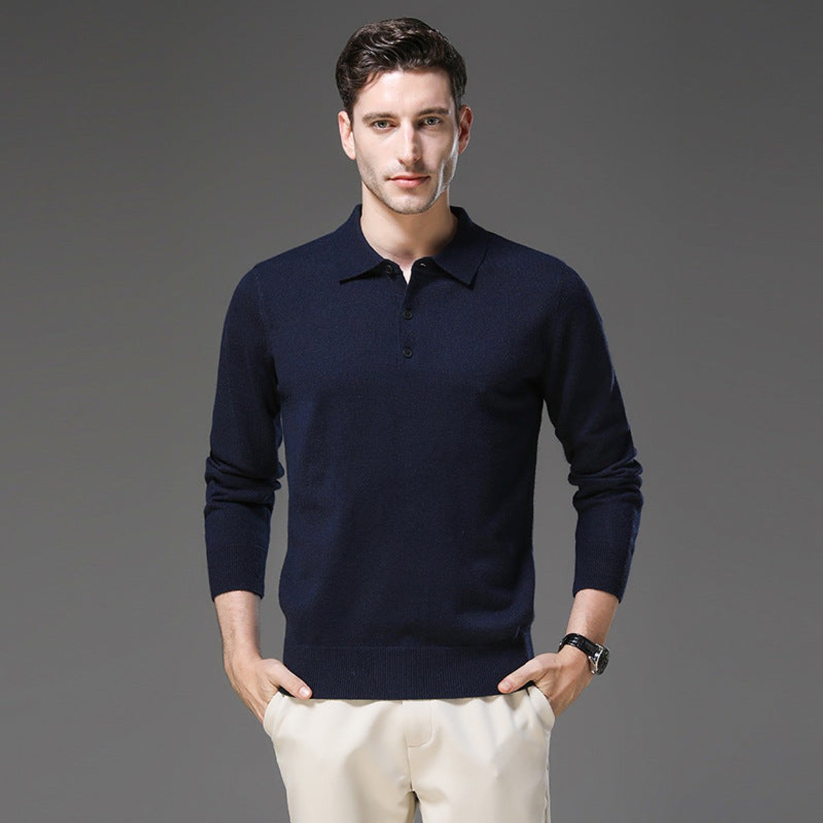 Heren Cashmere Trui met Polokraag en Lange Mouwen