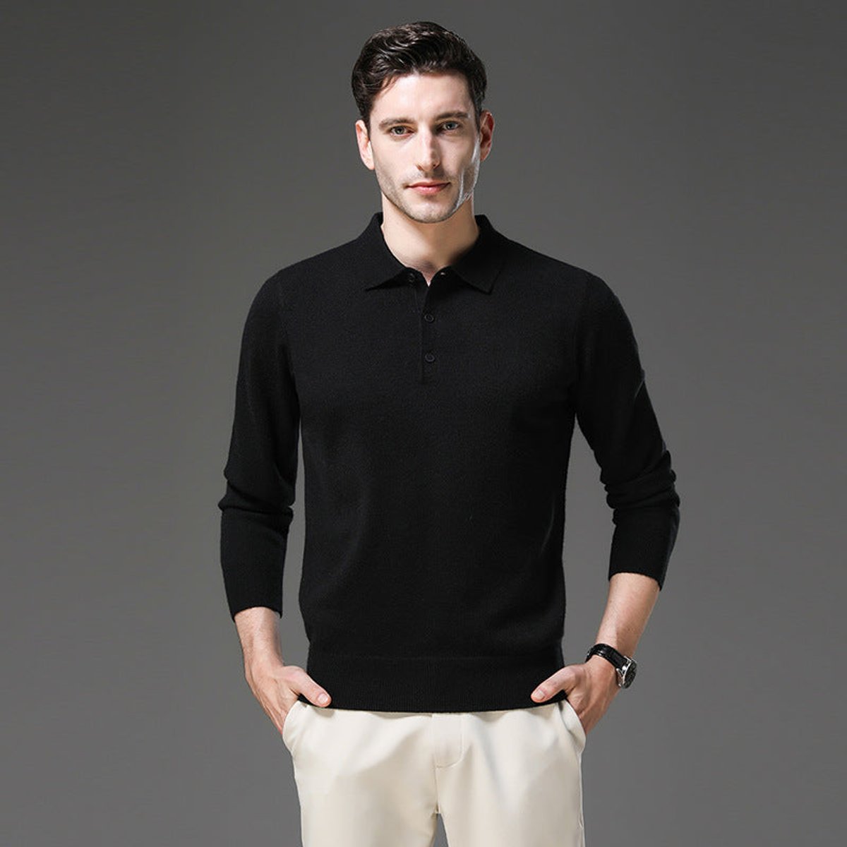 Heren Cashmere Trui met Polokraag en Lange Mouwen