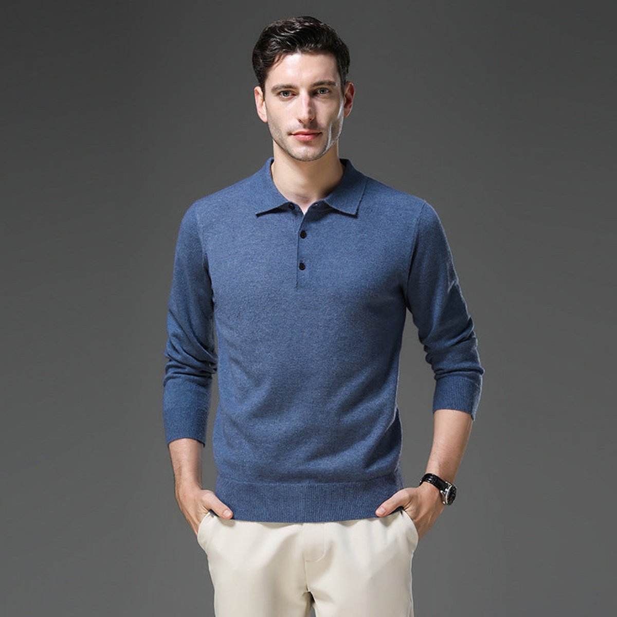 Heren Cashmere Trui met Polokraag en Lange Mouwen