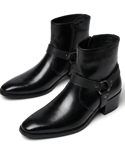 Men's Leather Harness-Strap Pointed-Toe Ankle Boots - Black