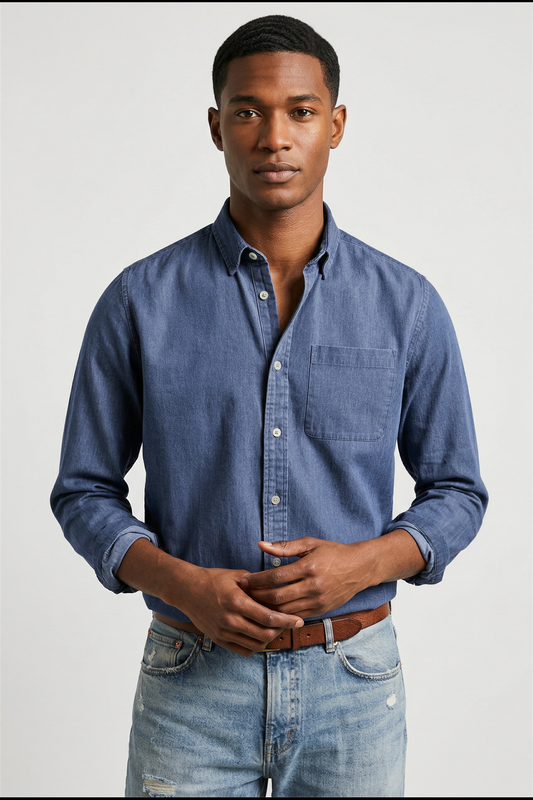 men's long sleeve button-up shirt in blue