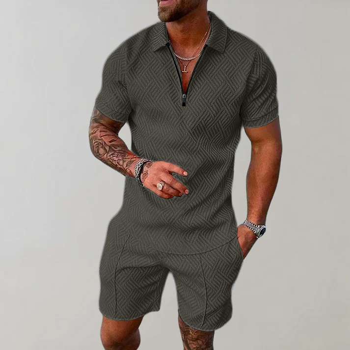 Heren Slim Fit Set – Casual voor Zomergebruik, Met Korte Mouwen en Rits