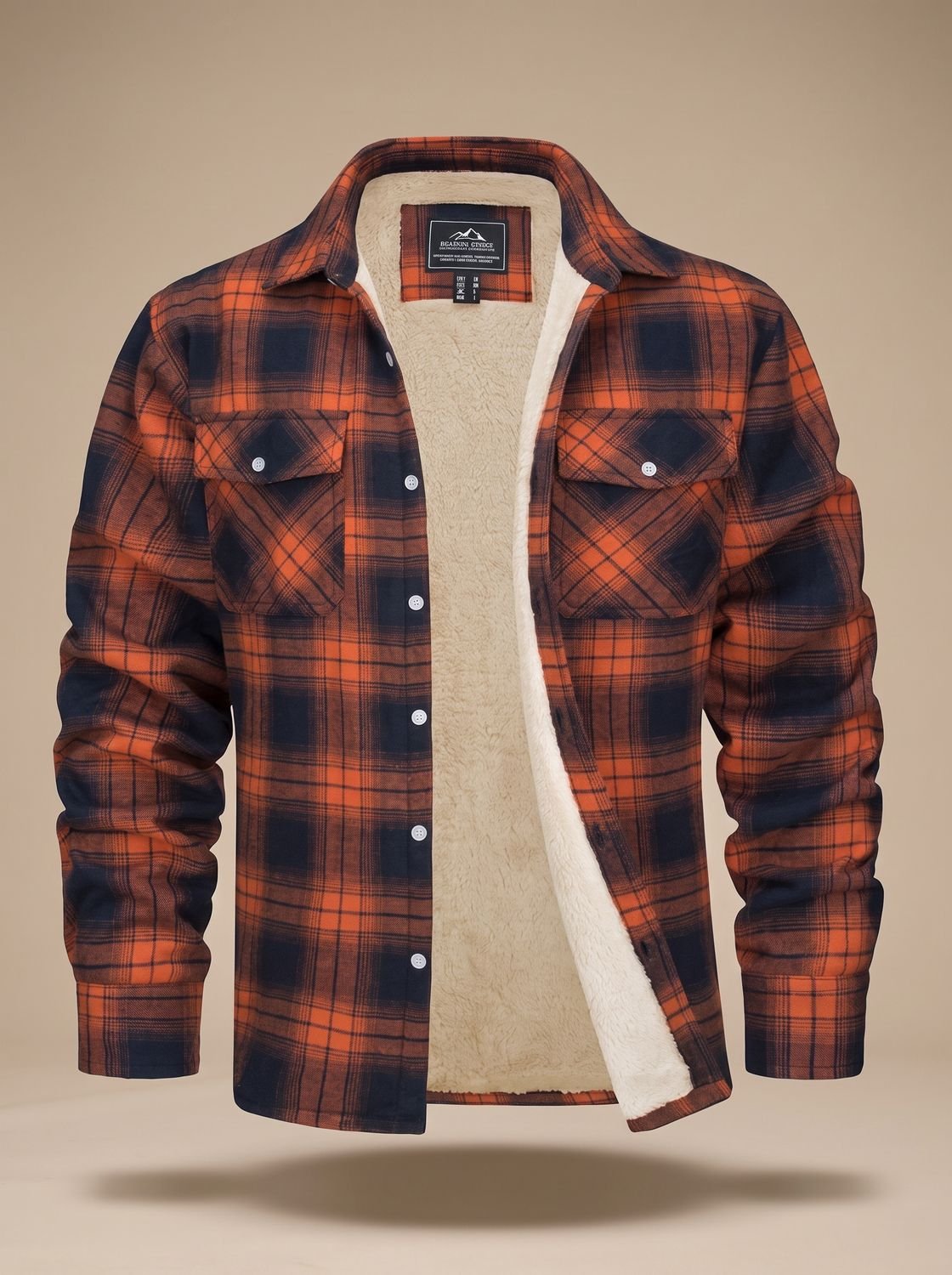 Men's Sherpa Lined Flannel Shirt Jacket Fleece Plaid Overshirt - Orange