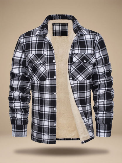 Men's Sherpa Lined Flannel Shirt Jacket Fleece Plaid Overshirt - Black