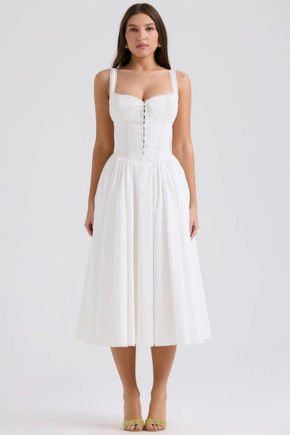 Ava - Witte Halter Midi-jurk met Kantdetails Vooraan