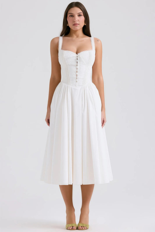 Ava - Witte Halter Midi-jurk met Kantdetails Vooraan