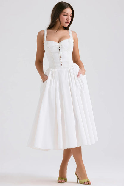 Ava - Witte Halter Midi-jurk met Kantdetails Vooraan