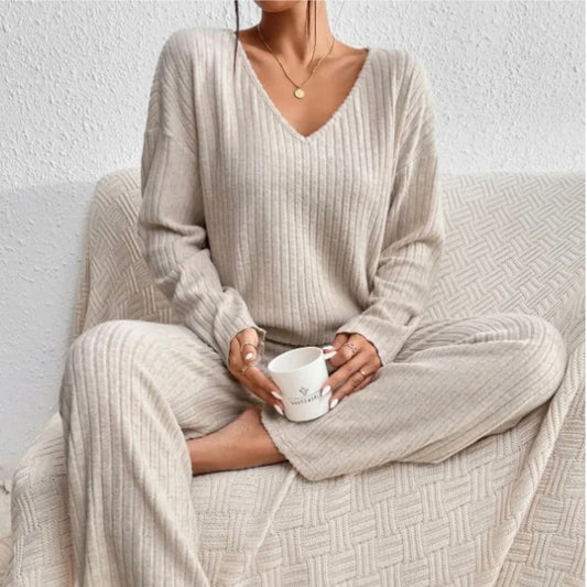 Dames comfortabele ribgebreide loungewear set met trui en broek