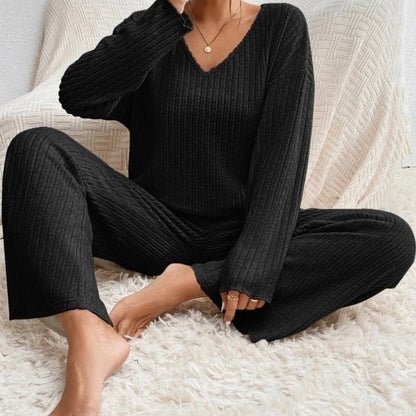 Dames comfortabele ribgebreide loungewear set met trui en broek