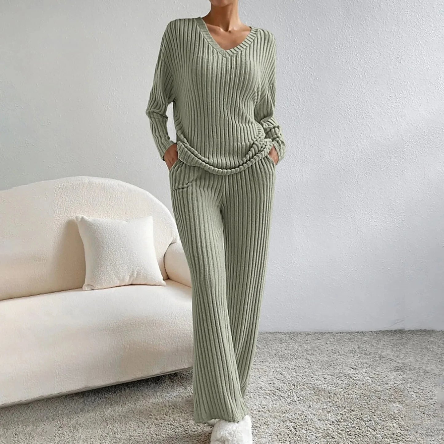 Dames comfortabele ribgebreide loungewear set met trui en broek